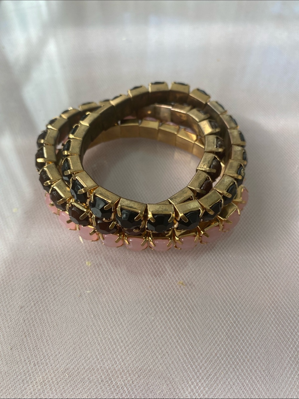 Gold Stretch Bracelet set. with Pink and Black and dark brown Stones. Stack of 3